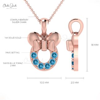 AAA Quality 2mm Round Brilliant Cut Natural Swiss Blue Topaz Kids Pendant 14k Solid Gold Pave Set Gemstone Mickey Mouse Pendant Light Weight Jewelry