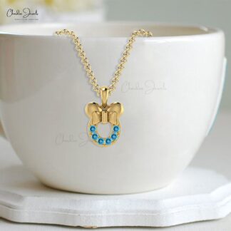 AAA Quality 2mm Round Brilliant Cut Natural Swiss Blue Topaz Kids Pendant 14k Solid Gold Pave Set Gemstone Mickey Mouse Pendant Light Weight Jewelry