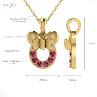 Natural Pink Tourmaline Kids Pendant 2mm Brilliant Round Cut Gemstone Pendant 14k Solid Gold Pendant For Women’s