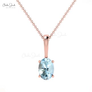 Solitaire Oval Cut Pendant In 14k Solid Gold Aquamarine 0.4 Ct Gemstone Wedding Necklace