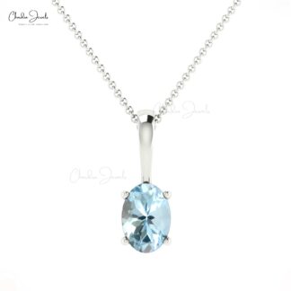Solitaire Oval Cut Pendant In 14k Solid Gold Aquamarine 0.4 Ct Gemstone Wedding Necklace
