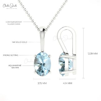 Solitaire Oval Cut Pendant In 14k Solid Gold Aquamarine 0.4 Ct Gemstone Wedding Necklace