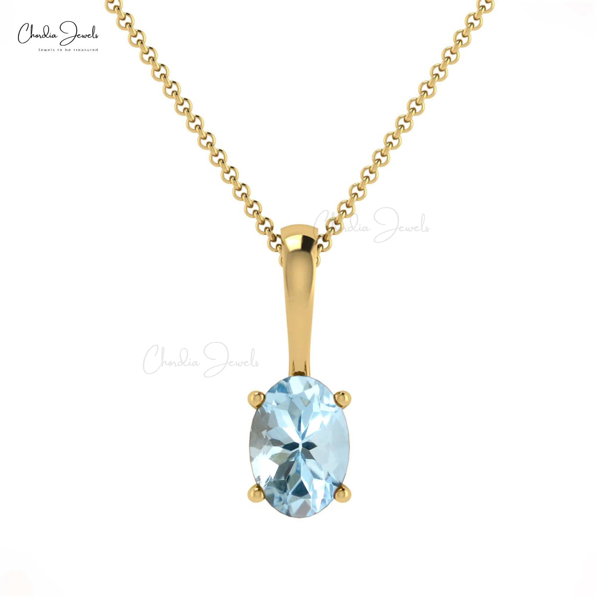Solitaire Oval Cut Pendant In 14k Solid Gold Aquamarine 0.4 Ct Gemstone Wedding Necklace