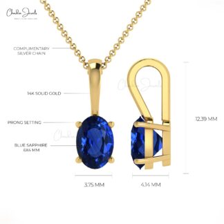 Oval Cut Minimalist Charm With 6x4mm Blue Sapphire 14k Solid Gold Solitaire Pendant