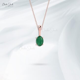 Solid 14k Gold Emerald Gemstone Pendant Natural May Birthstone Prong Set Pendant For Her