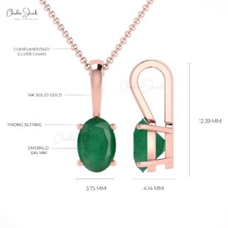 Solid 14k Gold Emerald Gemstone Pendant Natural May Birthstone Prong Set Pendant For Her