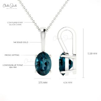Oval London Blue Topaz Charm In Solid 14k Gold December Birthstone Solitaire Pendant