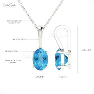 Solitaire Prong Set Charm in Solid 14k Gold Swiss Blue Topaz 0.58 Ct Gemstone Pendant