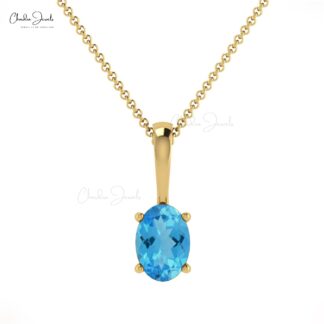 Solitaire Prong Set Charm in Solid 14k Gold Swiss Blue Topaz 0.58 Ct Gemstone Pendant