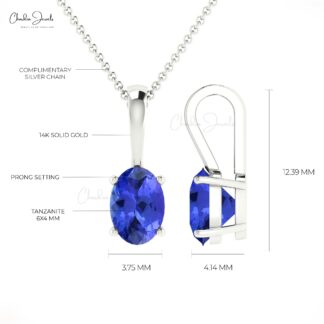 Solitaire Birthstone Pendant With 6x4mm Tanzanite 14k Solid Gold Handmade Necklace