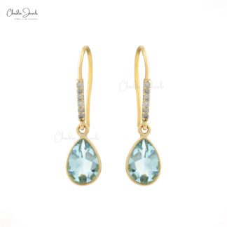 Authentic Aquamarine Earrings 1mm White Diamond Hallmarked Jewelry 14k Solid Yellow Gold Dangle Earrings For Her