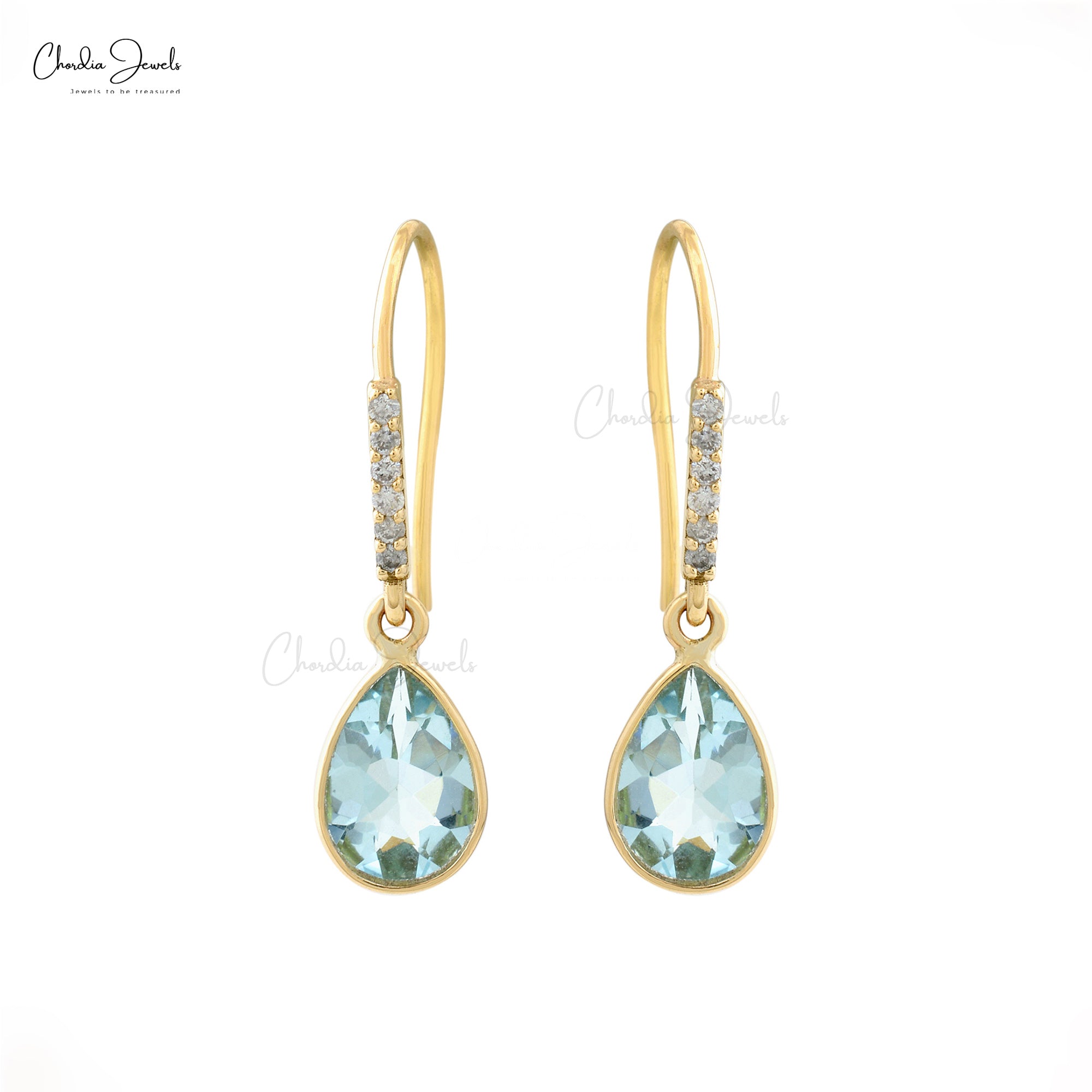 Authentic Aquamarine Earrings 1mm White Diamond Hallmarked Jewelry 14k Solid Yellow Gold Dangle Earrings For Her