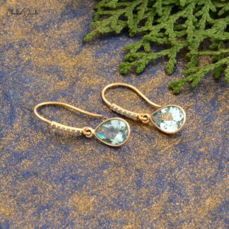 Authentic Aquamarine Earrings 1mm White Diamond Hallmarked Jewelry 14k Solid Yellow Gold Dangle Earrings For Her