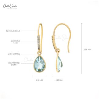Authentic Aquamarine Earrings 1mm White Diamond Hallmarked Jewelry 14k Solid Yellow Gold Dangle Earrings For Her