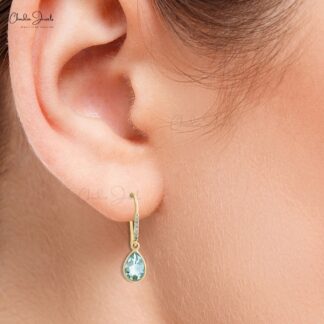 Authentic Aquamarine Earrings 1mm White Diamond Hallmarked Jewelry 14k Solid Yellow Gold Dangle Earrings For Her