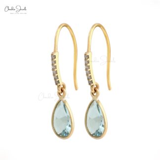 Authentic Aquamarine Earrings 1mm White Diamond Hallmarked Jewelry 14k Solid Yellow Gold Dangle Earrings For Her