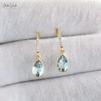 Authentic Aquamarine Earrings 1mm White Diamond Hallmarked Jewelry 14k Solid Yellow Gold Dangle Earrings For Her