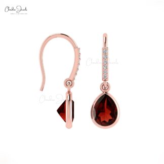 Natural Garnet & Diamonds Accent Dangle Earrings 14k Real Gold Drop Earring For Love