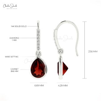Natural Garnet & Diamonds Accent Dangle Earrings 14k Real Gold Drop Earring For Love
