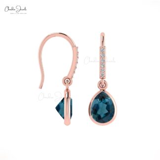 Solid 14k Gold Drop Earrings Genuine London Blue Topaz & Diamond Dangle Earring For Her