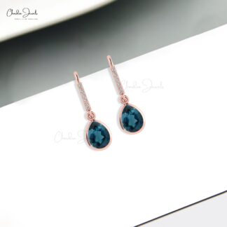 Solid 14k Gold Drop Earrings Genuine London Blue Topaz & Diamond Dangle Earring For Her