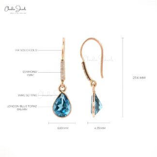 Natural London Blue Topaz Diamond Earrings 14k Solid Rose Gold Dangle Earrings For Her 8x6mm Pear Cut Gemstone Hallmarked Jewelry