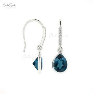 Solid 14k Gold Drop Earrings Genuine London Blue Topaz & Diamond Dangle Earring For Her