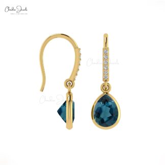 Solid 14k Gold Drop Earrings Genuine London Blue Topaz & Diamond Dangle Earring For Her