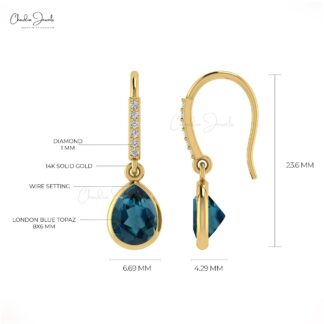Solid 14k Gold Drop Earrings Genuine London Blue Topaz & Diamond Dangle Earring For Her