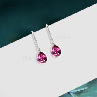 Dangle Diamond Bar Earring In 14k Solid White Gold Rhodolite Garnet Pear Women Earrings
