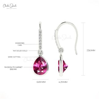Dangle Diamond Bar Earring In 14k Solid White Gold Rhodolite Garnet Pear Women Earrings