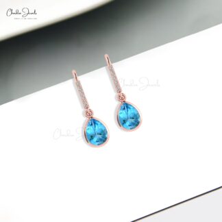 Genuine Diamond Dangle Earrings 14k Solid Gold 1.2ct Swiss Blue Topaz Drop Earring