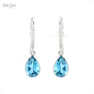 Natural Swiss Blue Topaz Diamond Earrings 14k White Gold Dangle Earrings For Her 8x6mm Pear Cut Gemstone Hallmarked Jewelry