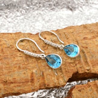 Natural Swiss Blue Topaz Diamond Earrings 14k White Gold Dangle Earrings For Her 8x6mm Pear Cut Gemstone Hallmarked Jewelry