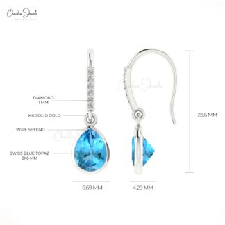 Genuine Diamond Dangle Earrings 14k Solid Gold 1.2ct Swiss Blue Topaz Drop Earring