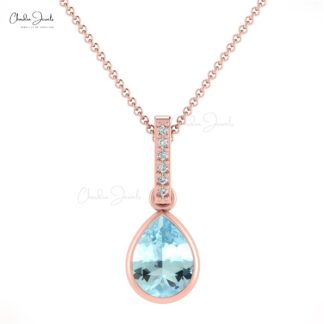 Dangle Tear Drop Charm in 14k Solid Gold Aquamarine And Diamond Bar Hallmarked Pendant