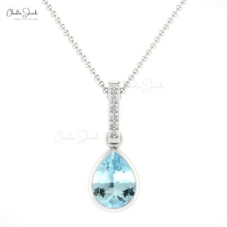 Dangle Tear Drop Charm in 14k Solid Gold Aquamarine And Diamond Bar Hallmarked Pendant
