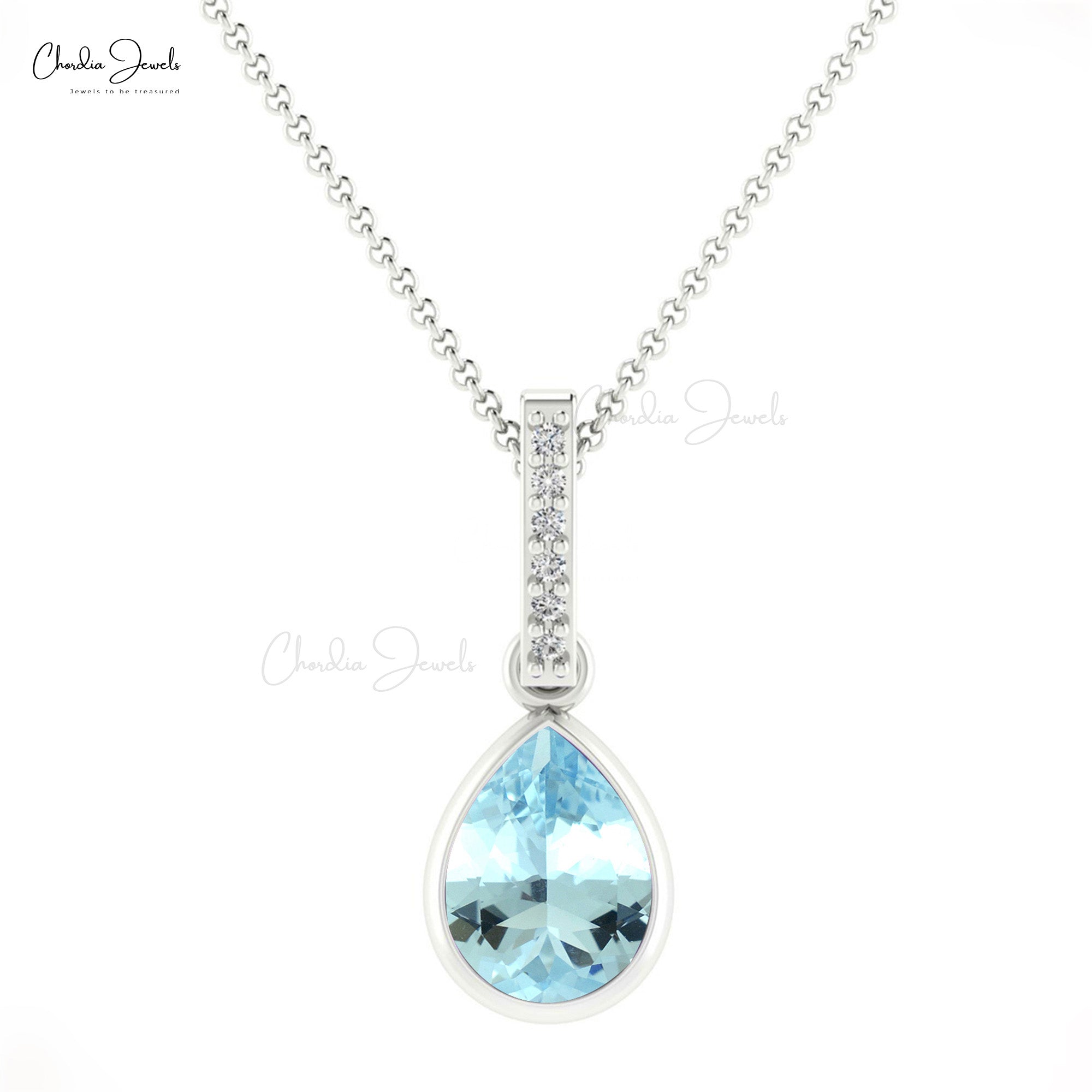 Dangle Tear Drop Charm in 14k Solid Gold Aquamarine And Diamond Bar Hallmarked Pendant