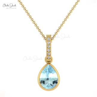 Dangle Tear Drop Charm in 14k Solid Gold Aquamarine And Diamond Bar Hallmarked Pendant