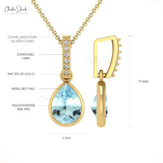 Dangle Tear Drop Charm in 14k Solid Gold Aquamarine And Diamond Bar Hallmarked Pendant