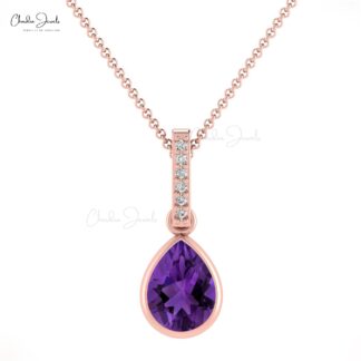 Dangle Gemstone Pendant With Pave Diamond 14k Solid Gold Amethyst Drop Necklace