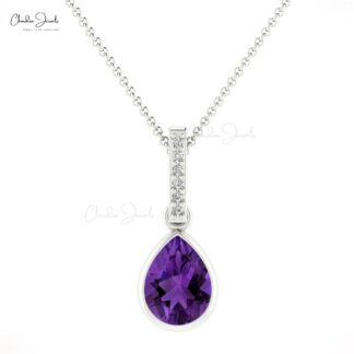 Dangle Gemstone Pendant With Pave Diamond 14k Solid Gold Amethyst Drop Necklace