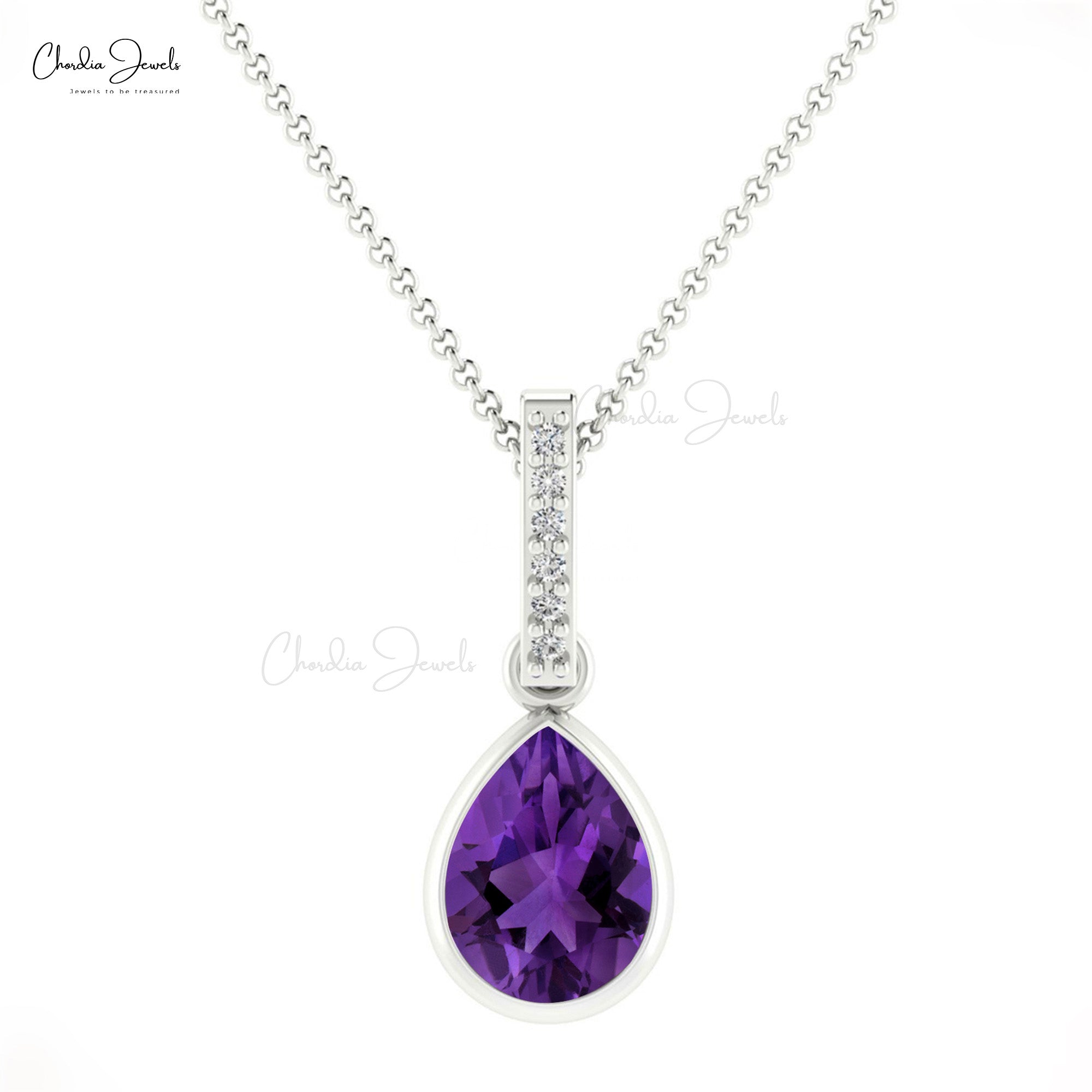 Dangle Gemstone Pendant With Pave Diamond 14k Solid Gold Amethyst Drop Necklace