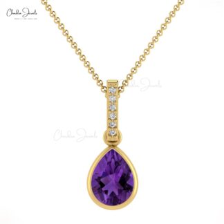 Dangle Gemstone Pendant With Pave Diamond 14k Solid Gold Amethyst Drop Necklace