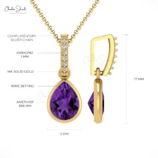 Dangle Gemstone Pendant With Pave Diamond 14k Solid Gold Amethyst Drop Necklace