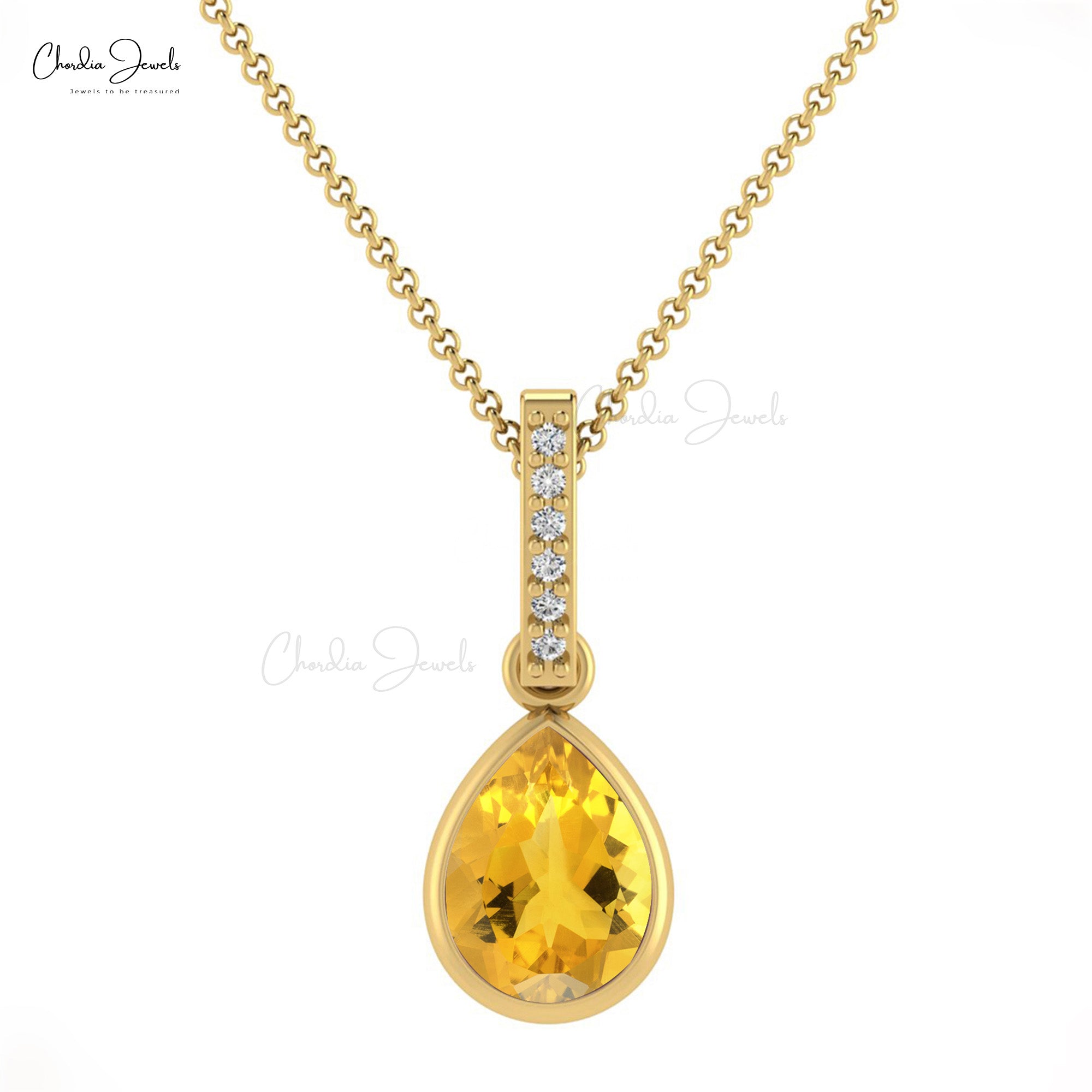 Tear Drop Wedding Charm in 14k Real Gold Citrine 0.024 Ct Gemstone And Diamond Pendant