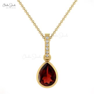 Natural Pear Cut Garnet Drop Pendant with White Diamond in 14K Gold