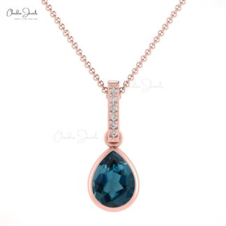 Solid 14k Gold Dangling Pendant with 0.95 Ct London Blue Topaz And Diamond Drop Pendant