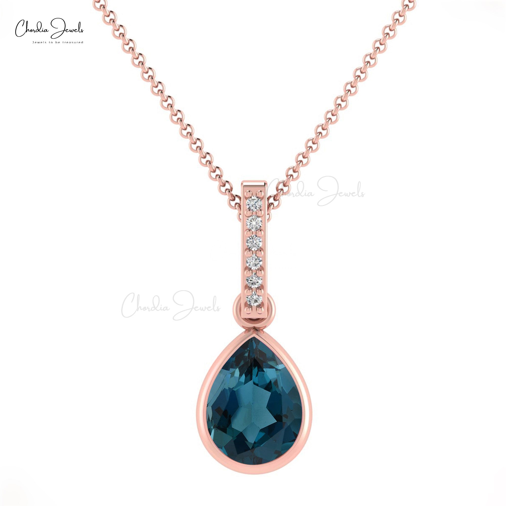 Solid 14k Gold Dangling Pendant with 0.95 Ct London Blue Topaz And Diamond Drop Pendant