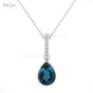 Solid 14k Gold Dangling Pendant with 0.95 Ct London Blue Topaz And Diamond Drop Pendant